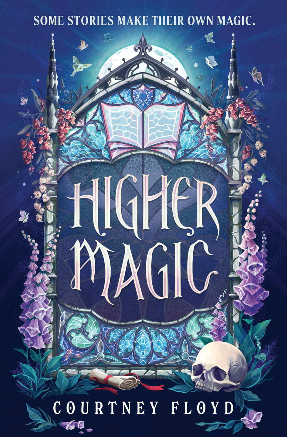 Higher Magic book cover: an illustration of a stained glass window in the tower of a gothic university building with the moon rising behind it. Foxgloves and snapdragons frame a stained-glass shield and book and the words Higher Magic.