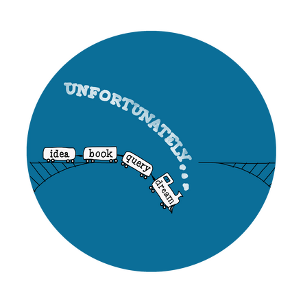 Unfortunately... podcast logo showing a drawing of a steam engine going off rail in the middle of a broken bridge. There's a word written on each car, in reverse order from the caboose: idea, book, query, and dream. Smoke rises from the engine that reads U