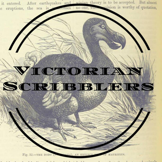 Victorian Scribblers logo: a public domain illustration of a dodo in the brush, beneath the words Victorian Scribblers, surrounded by double half circles.